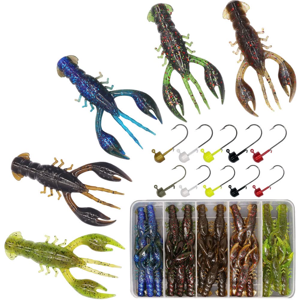 XFISHMAN-Ned-Rig-Baits-Kit-35 Piece-Crawfish-Bass-Soft-Plastic-Fishing-Lures with Finesse Shroom Jig Head 2.5 inch