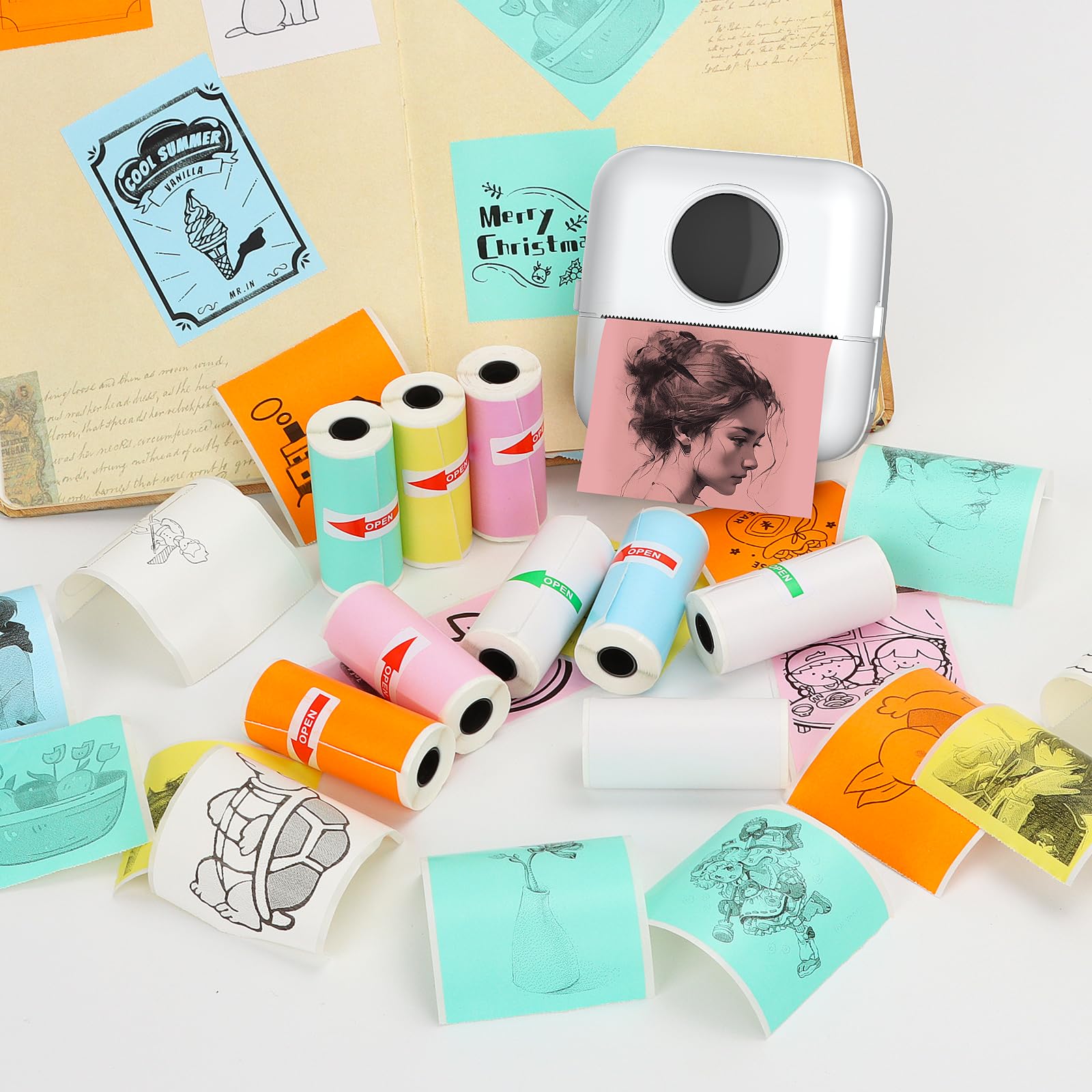 HuiJuKeJi 9 Rolls Mini Printer Sticker Paper,Thermal Self-Adhesive Paper 57 * 25mm,3 Rolls of White &6 Rolls of Colour Paper for Pocket Inkless Portable Bluetooth Printer to Print Photo,Note