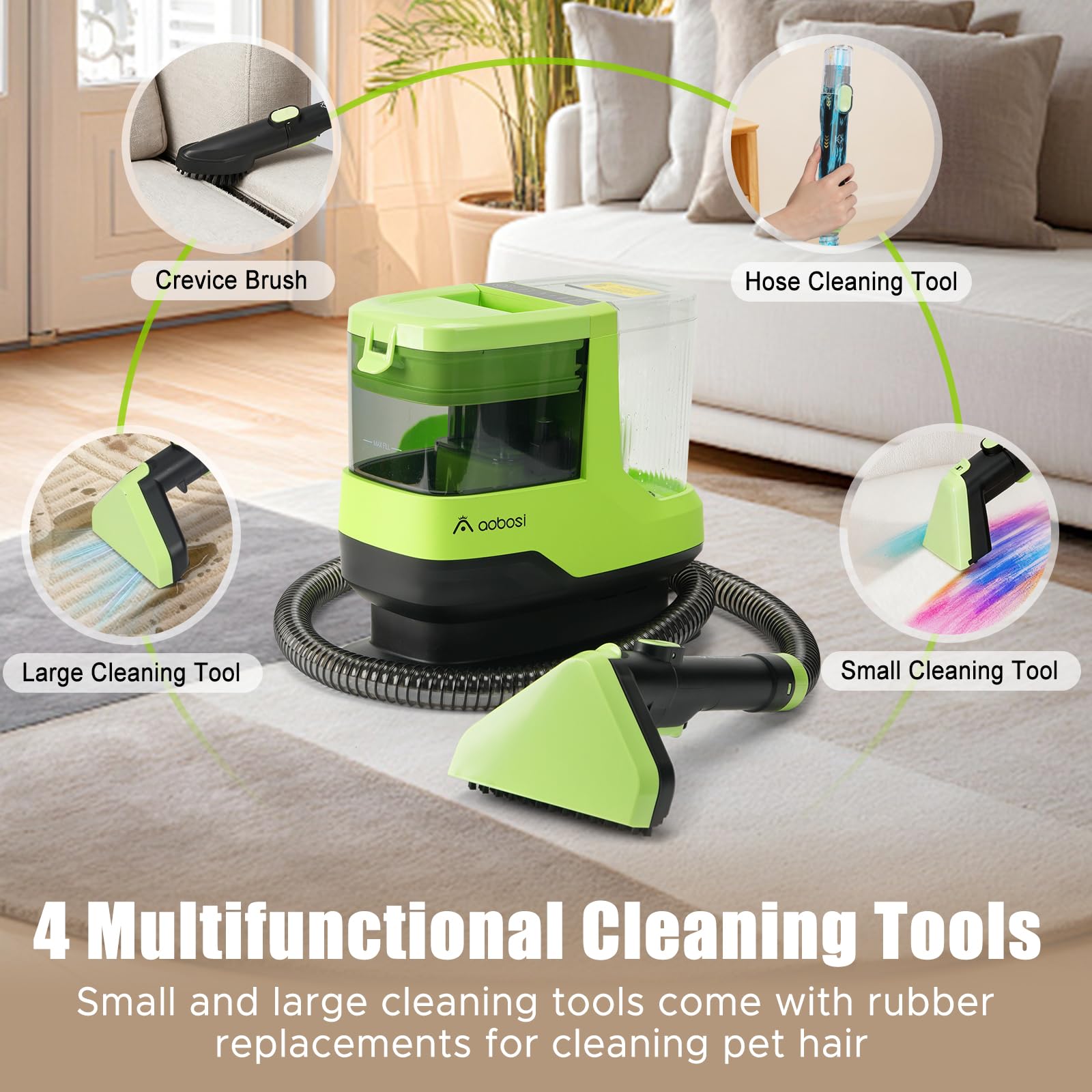 AAOBOSI Portable Carpet Cleaner Machine, 17Kpa Upholstery Steam Cleaner with Smart Voice Prompting, Self-cleaning, 4 Tools for Pets, Car, Couch and Stairs- C688, Green