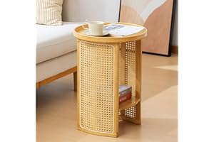 SIONDSTS Round Side Table, 2 Tier Rattan End Table,Small Accent Table, Natural Coffe Side Table Bamboo with Rattan Storage Sh
