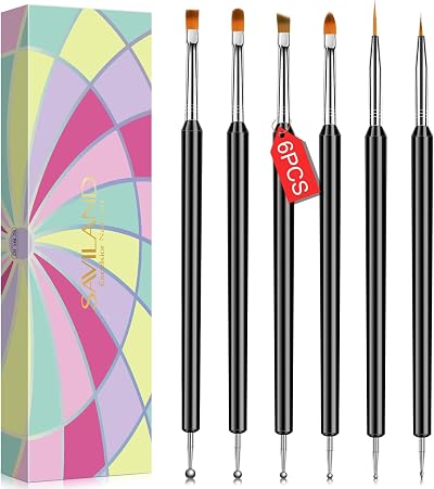 Saviland 6Pcs Nail Art Brushes Double End Dotting Drawing Painting Gel Polish