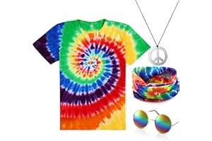 NORME 4 Pieces Hippie Costume Set, Include Colorful Tie-Dye T-Shirt, Peace Sign Necklace, Headband and Sunglasses for Theme Parties