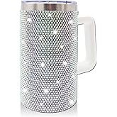 XMYAINA 20oz Bling Tumbler With Handle Stainless Steel Rhinestone Insulated Cup with Lid and Straw Double Wall Vacuum Coffee Cup Reusable Glitter Travel Coffee Mug for Cold and Hot (Aurora White)