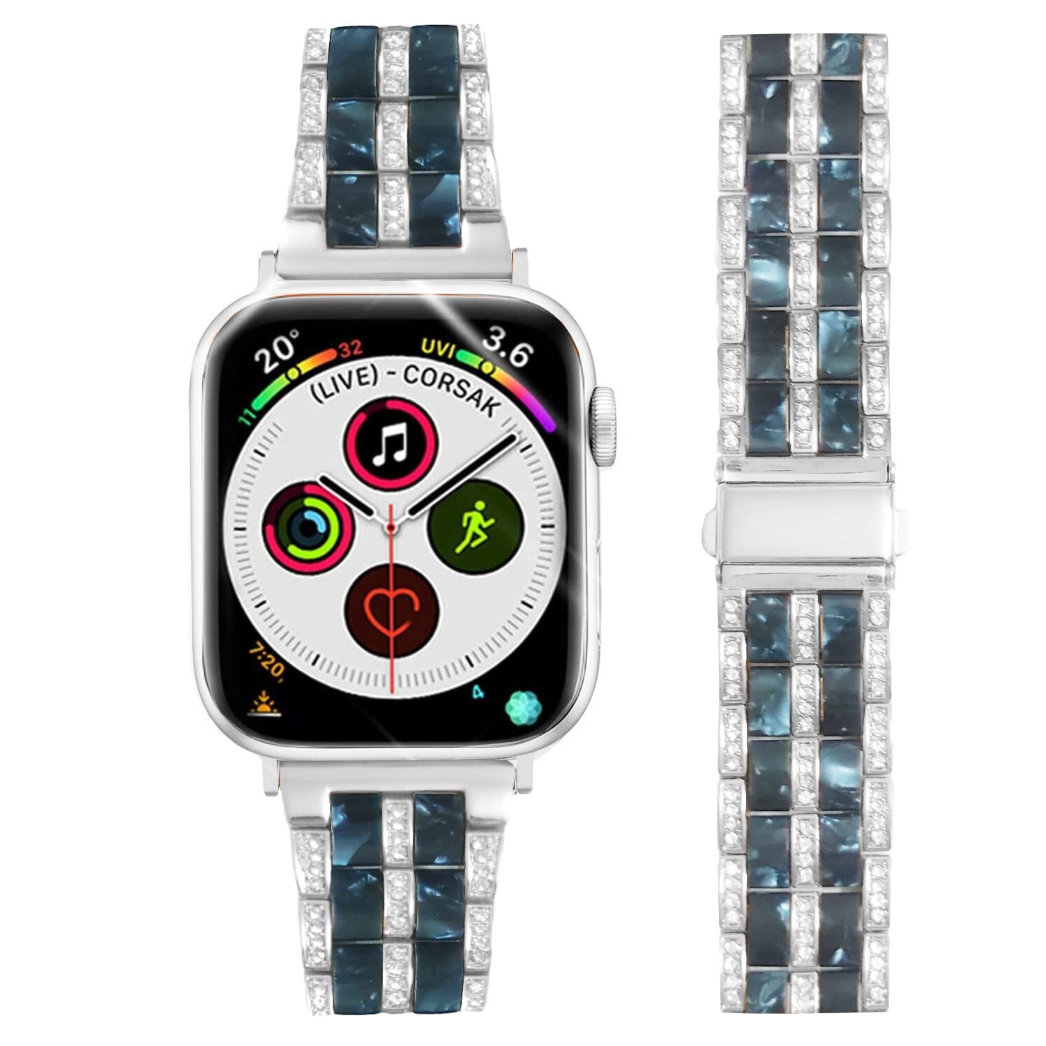 DEALELE Strap Compatible with iWatch 38mm 40mm 41mm, Luxury Resin Rhinestone Metal Replacement Bands for Apple Watch Series 9/8 / 7/6 / 5/4 / 3 / SE/Ultra Women Men (Silver-Ink blue)