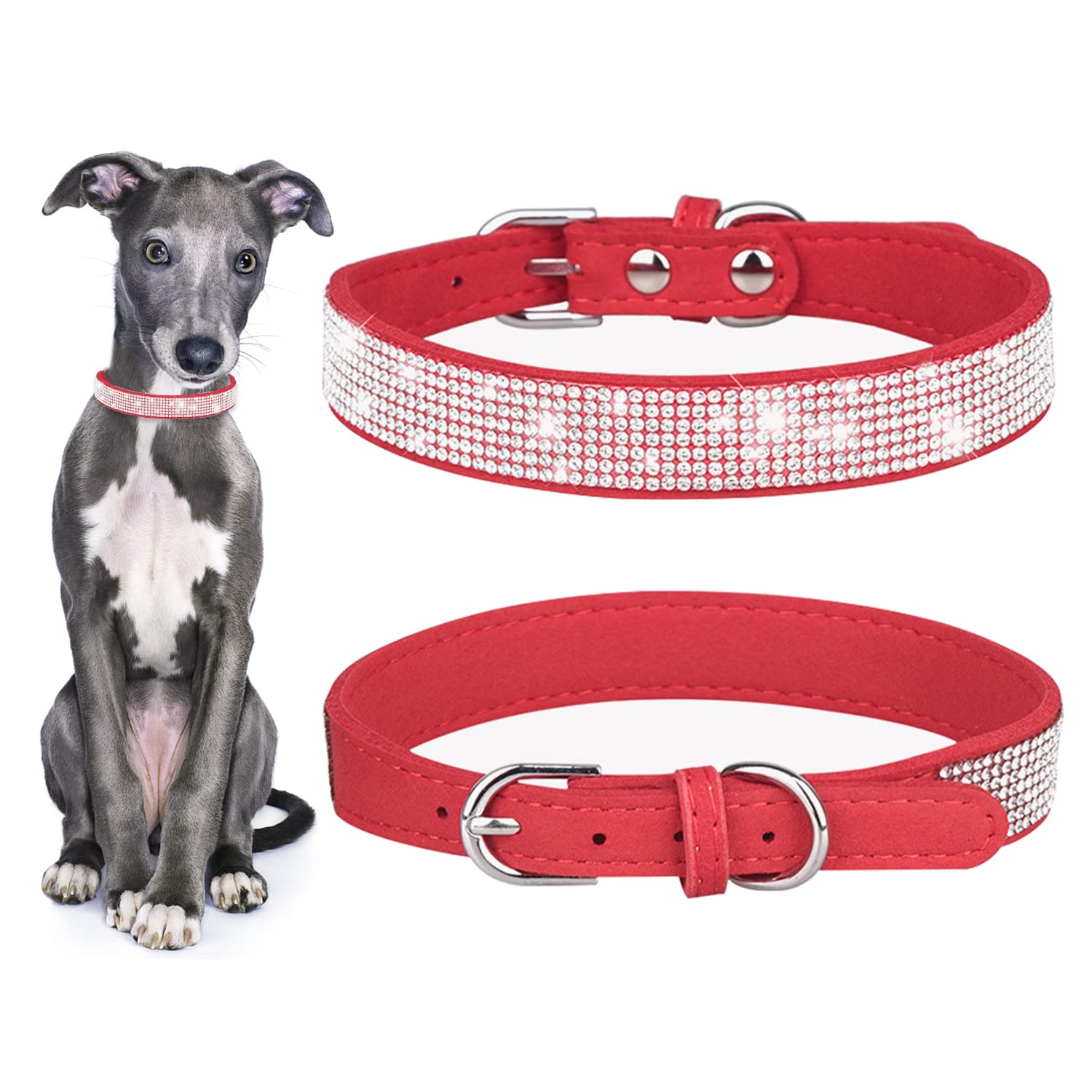 TSKDKIT Puppy Collar for Cat Small Dog Collar Cute Rhinestone Sparkling Cat Collar Soft Leather Pet Collars (S Red)