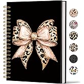 Lacama Cheetah Print Gifts, Bow leopard Work Notebook for Women, Christmas Gift, A5 160 Pages Black Preppy Hardcover Notebooks,Preppy School Stuff
