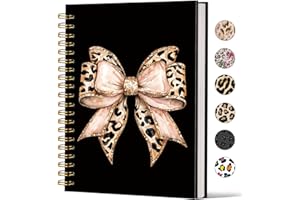 Lacama Cheetah Print Gifts, Bow leopard Work Notebook for Women, Christmas Gift, A5 160 Pages Black Preppy Hardcover Notebooks，Preppy School Stuff