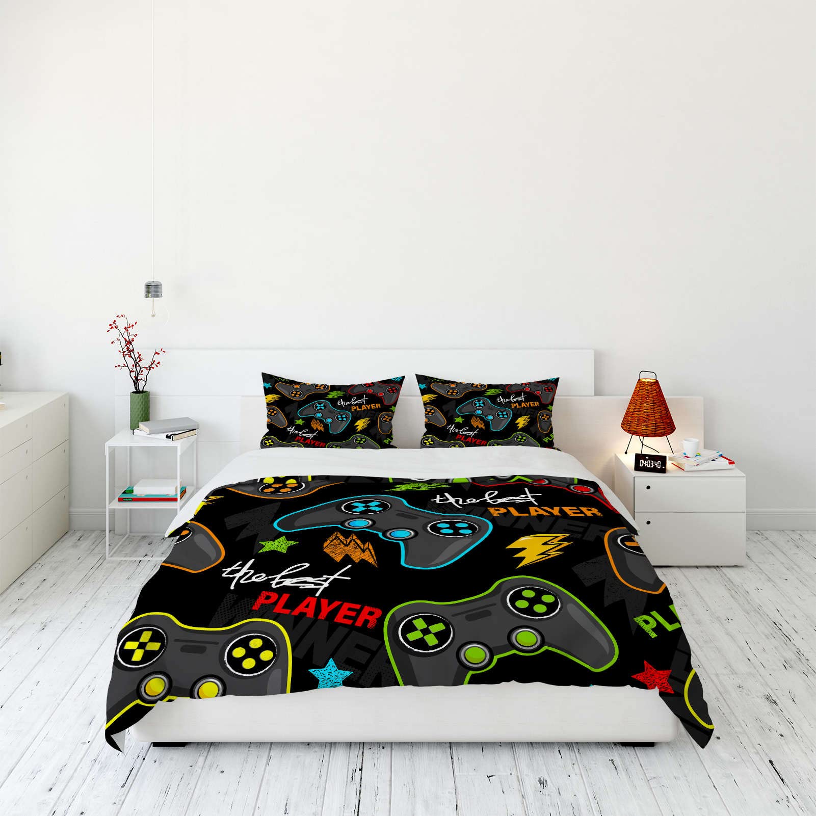 YUANZU Video Game Bedding Set Double for Kids Boys Teens Duvet Cover Set 3 Pieces Gamepad Graffiti Gamer Joystick Printed Soft Microfiber Quilt Cover with Zipper Closure (200 x 200 cm & 2Pillowcase)