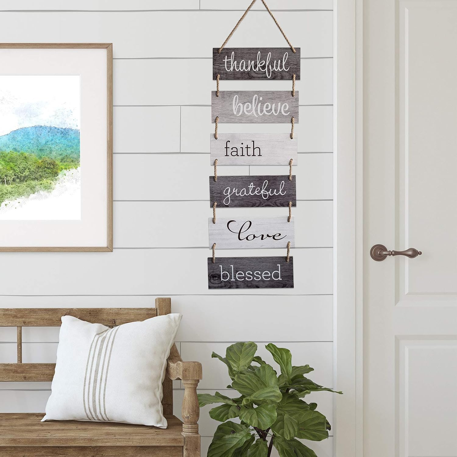 Excello Global Products Large Hanging Wall Sign: Rustic Wooden Decor (Grateful, Love, Believe, Thankful, Faith, Blessed) Hanging Wood Wall Decoration (11.75" x 32"): Home & Kitchen