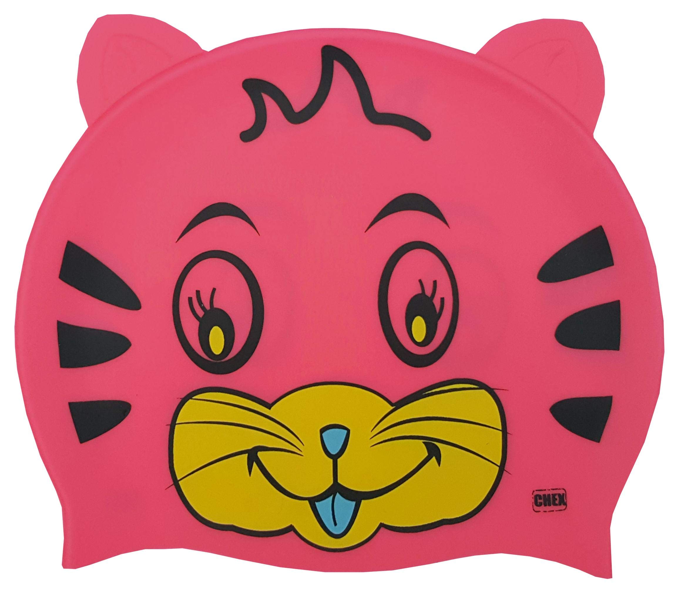 CHEX Stretchy Silicone Unisex Girls Boys 3-7 Years One Piece Swimming Hat Swim Cap Kitten Cat Print Design & Ears One Size Pull On Swim Hat (Pink)