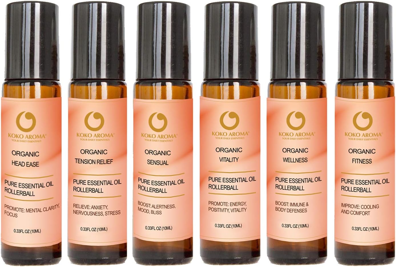 Top 6 Best Organic Essential Oil Blends Rollerballs, Therapeutic Grade Aromatherapy Oils Roll-Ons, Wellness, Sensual, Tension Relief, Vitality, Fitness, Head Ease Gift KOKO AROMA (ROLL ON Gift Set)
