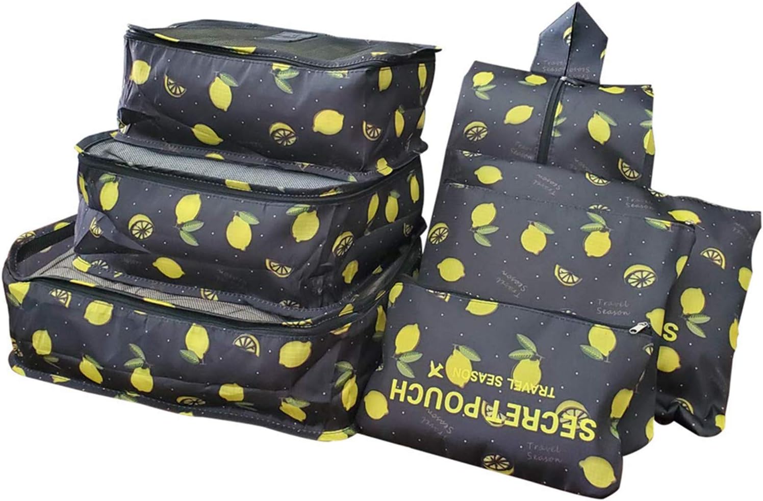 7Pcs Travel Storage Bags Clothes Packing Cube Luggage Organizer with Shoes Bag (Black lemon)