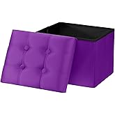 AmasSmile Storage Ottoman Foot Rest Stool, 17 inch Velvet Footstool Bench, Short Ottomans Stool, Small Folding Storage Ottoman Store Books, Records, Purple