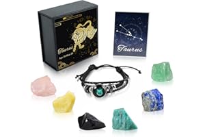 Nicetage Taurus Healing Crystals Gift Ideas 12 Zodiac Signs Natural Healing Crystals with Horoscope Box Set, 6 Crystal Stones, 1 Zodiac Bracelet and Info Guide Taurus Gifts for Women