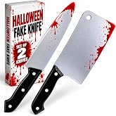 ArtCreativity 15" Fake Knife Halloween Prop, Set of 2 Bloody Knife Prop Set with Meat Cleaver and Kitchen Knife - Highly Detailed Plastic Knives for Halloween Costumes - Toy Knife Set with Blood