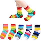 Marchare Girls Cotton Crew Socks Kids Casual Socks School Socks Rainbow Stripes 5 Pack
