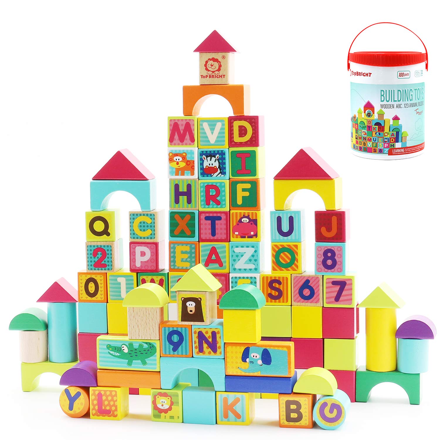 TOP BRIGHT Wooden Building Blocks for Toddlers 1 2 3 Year Old, Kids Building Toys for 1 2 Year Old Girl Boy Gift with 100 Piece