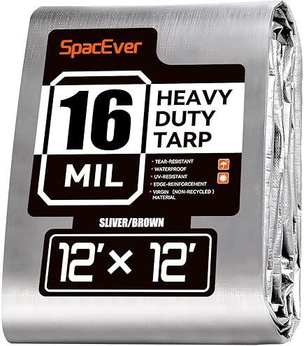 Spacever Tarp Heavy Duty 12x12 FT, 12 Mil Thick Large Tarps Water-Proof with Grommets, UV& Tear Resistant, Plastic Cover for Pool Roof Tent Outdoor Firewood, Silver& Brown