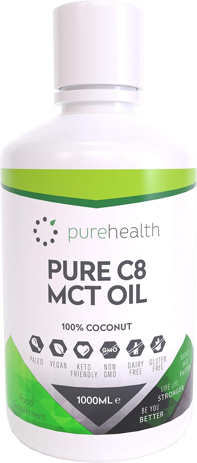Pure Health C8 MCT Oil, Premium 100% Coconut Zero Palm Oil, Perfect for Keto Diets Fasting & Bulletproof Coffee, Non-GMO, BPA Free(1L)