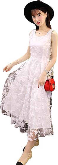 Debangni レディース ジャンパーワンピース レース 春夏服 ロングワンピース 膝下丈 無地 ホワイト かわいい ドレス スリム ドレッシー 体型カバー カジュアル エレガント ワンピース チュニック 通販 Amazon