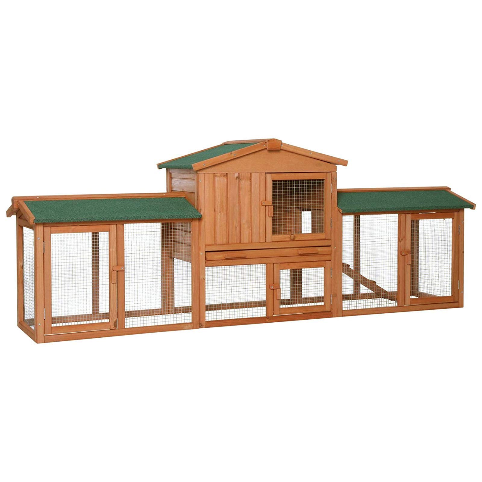 lionto Wooden rabbit hutch on two levels with ramp, 212x52x85 cm, water-repellent bitumen roof & wire mesh, winter-proof rabbit hutch for outdoors with 4 entrances & removable drawer