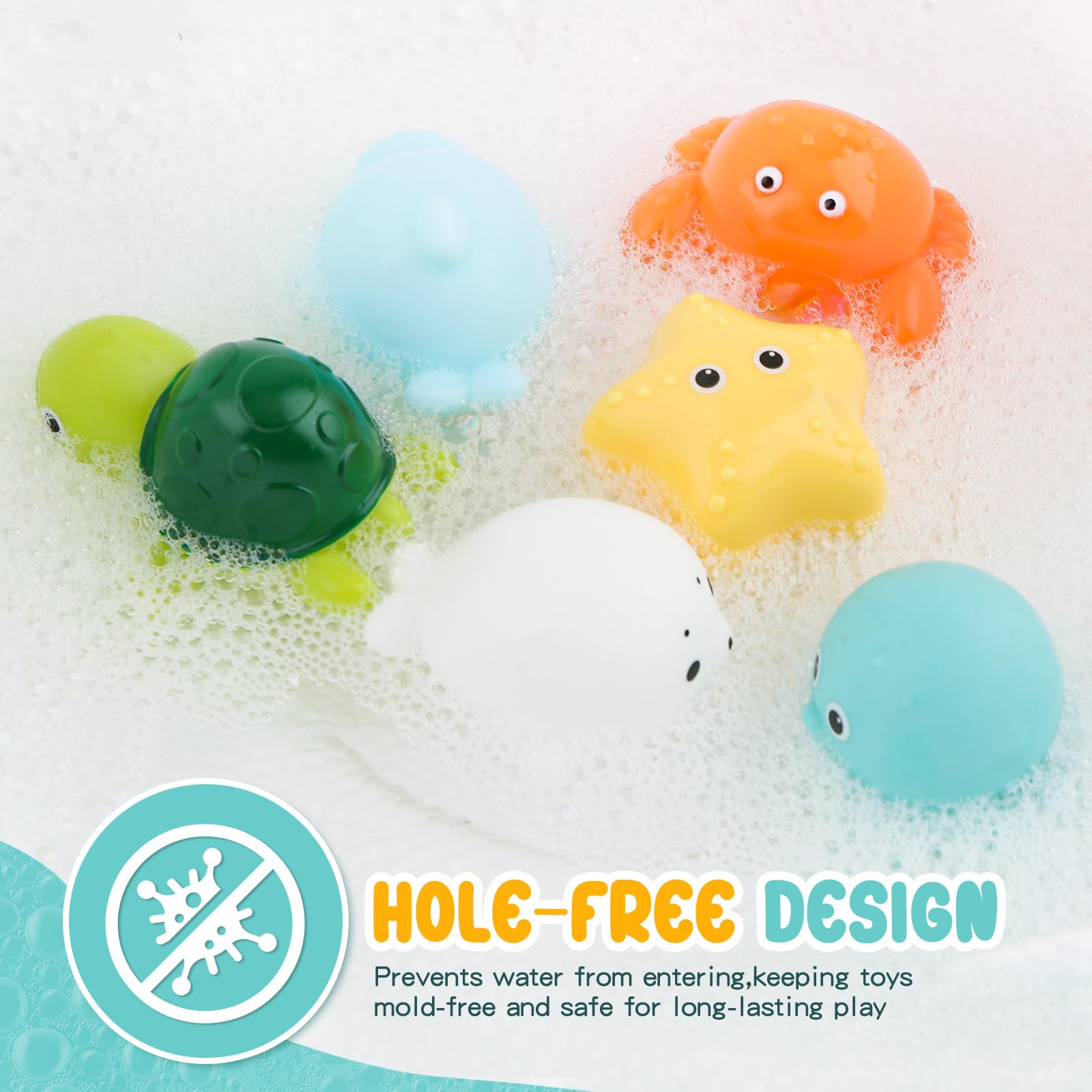 Bath Toys 6 Pack No Hole Baby Bathtub Toys Soft Squeezable & Float on Water Easy-Grip Toddler Bath Toy Set for Kids Ages 1-3 Tub Pool Toys