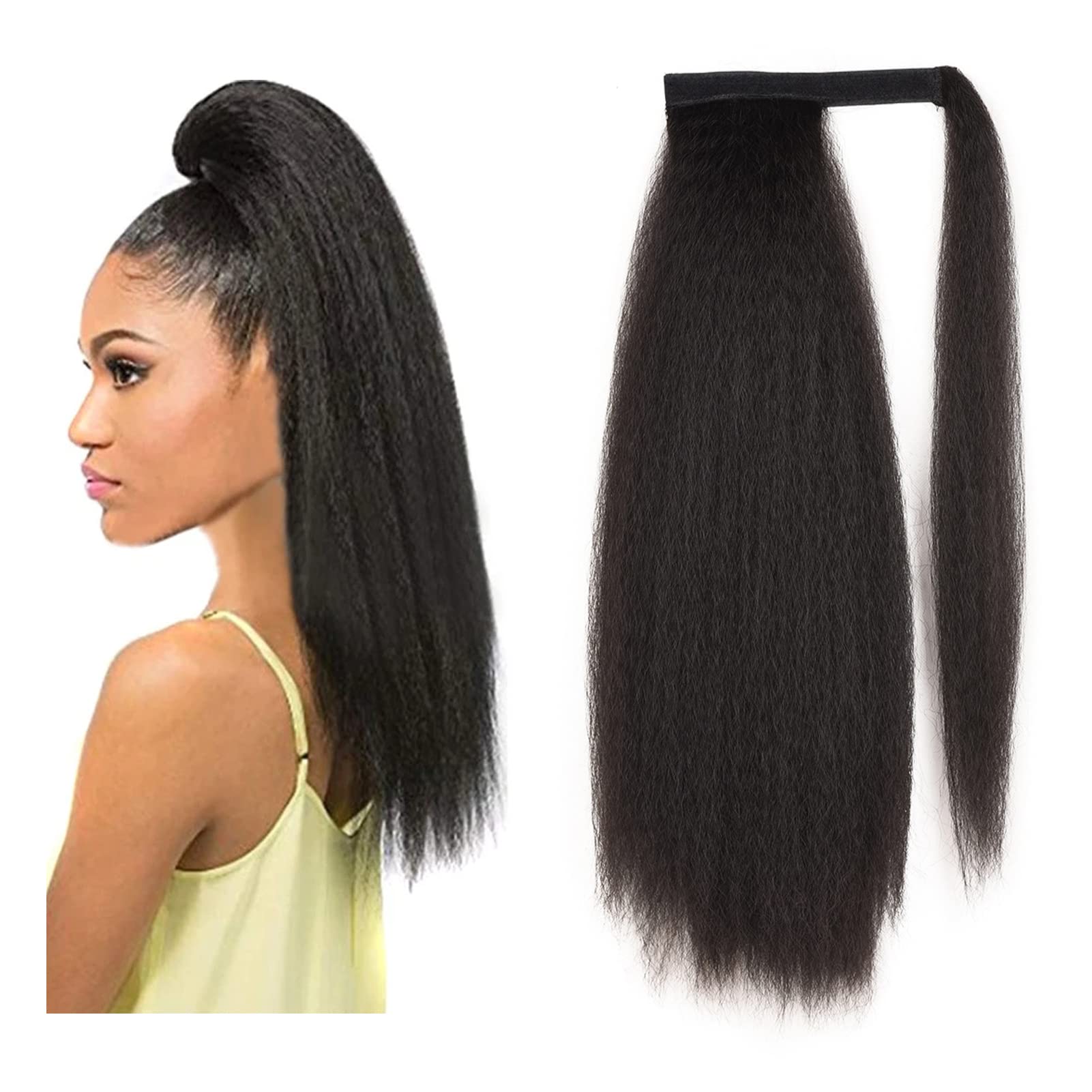 Meisi Long Afro Kinky Straight Ponytail Wrap Around Yaki Straight Pony Tails Extensions Clip in Ponytail Extension Magic Paste Ponytail for Black Women Girls (Dark Brown)