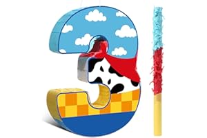 Hungdao Toy Inspired Birthday Piñata for Kids Cartoon Cow Number Piñata Decorations Summer Cartoon Game with Stick Red Scarf Blue Sky Cloud Boys Girls Baby Shower Farm Party Favor(Number 3)