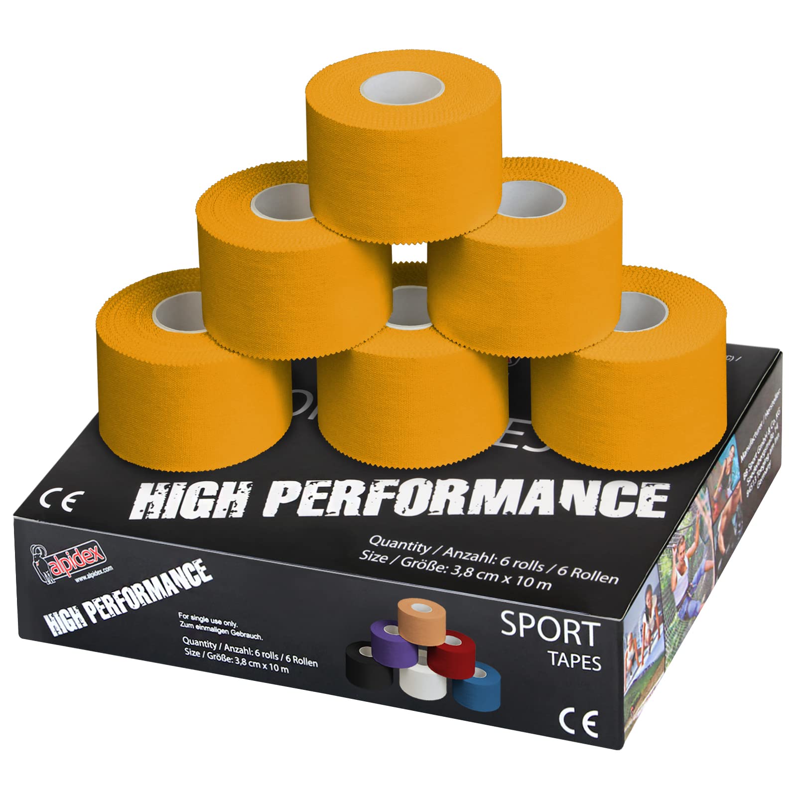 ALPIDEX 6 x Sports Tape 10 m x 3.8 cm Many Colours Zinc Oxide Finger Tape Tearable Skinfriendly Handball Football Volleyball Rugby, Colour:yellow