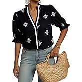 Dokotoo Women's Summer Boho Floral Ruffle Shirt Puff Short Sleeve V Neck Casual Trendy Cute Blouse Tops