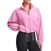 THE GYM PEOPLE Women's Fleece Cropped Jacket Full Zip Stand Collar Workout Short Sherpa Coats with Pockets Drawstring Hem