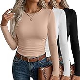 Velvelhall 3 Pack Women's Long Sleeve Shirts Side Ruched Crew Neck Slim Fit Basic Tees Casual Stretchy Going Out Tops