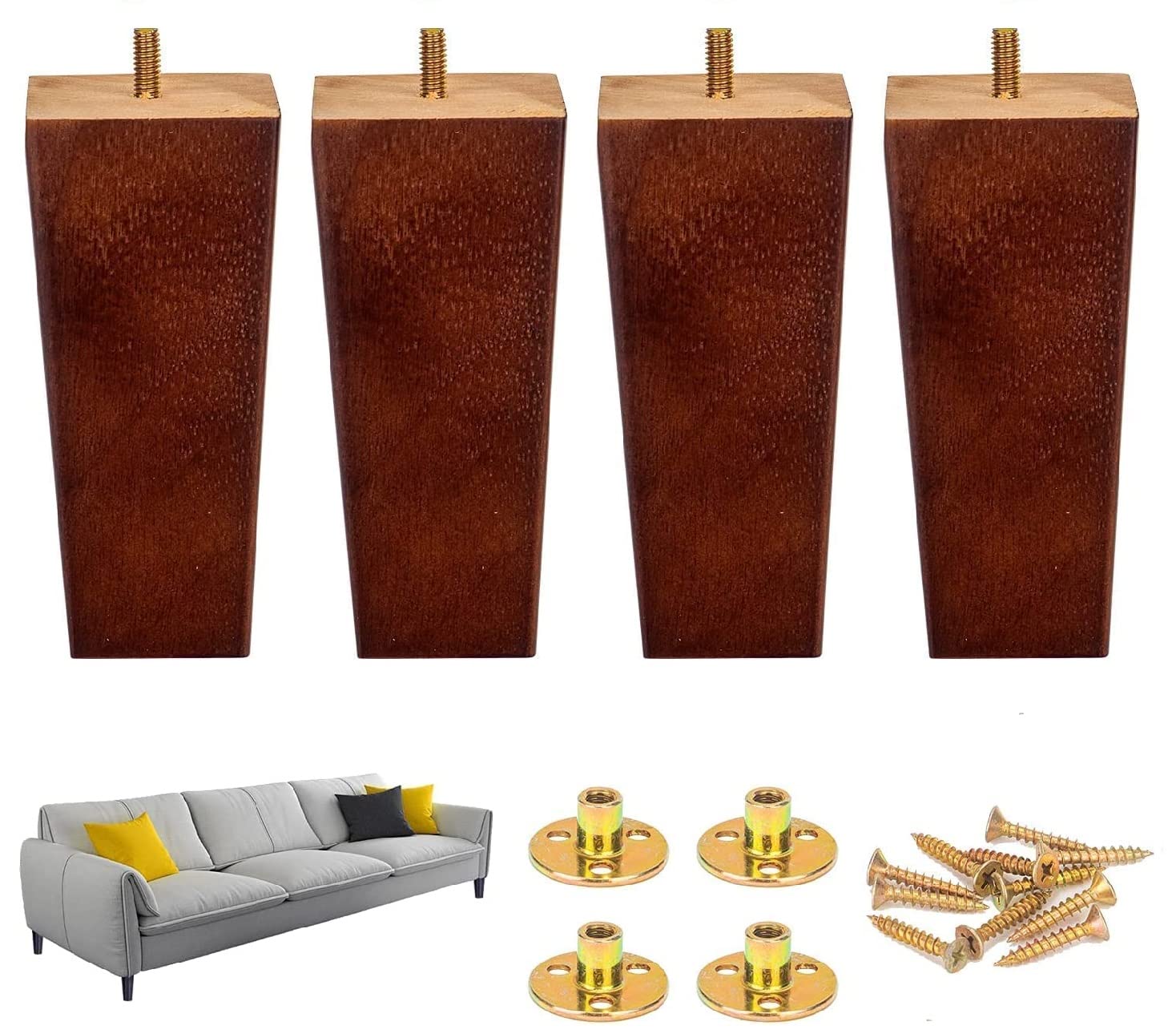 15 cm / 6 Inch Wood Trapeze Tapered Furniture Leg Set of 4 Mid-Century Wooden Furniture Feet Replacement Legs with Mounting Plate & Screws for Sofa Couch Cabinet Chair Coffee Table Dresser - Walnut — image 1