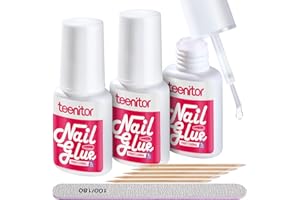 Teenitor Nail Glue for Press Ons, 3 Pack Best Nail Glue for Gel Tips with Nail Files, Super Strong Nail Glue for Broken Nail Brush on Nail Glue for Press on Nails