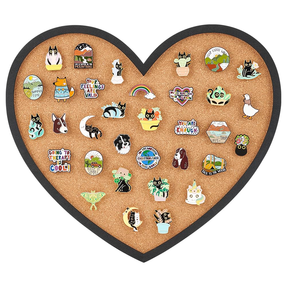 BENECREAT Pin Board Heart Cork Board Bulletin Display Board, 1.7cm Thick Wall Mounted Cork Board for Brooch Pin Storage, Office Home Festival Valentine's Decor, 30x26cm