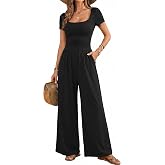 Acelitt One Piece Jumpsuits for Women Dressy Casual | Squared Neck Short Sleeve Wide Leg Pants, Rompers, Pockets, Spring Summer Outfits for Beach Vacation, Resort Wear, Travel