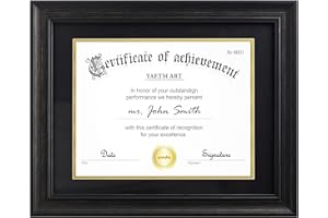 Yaetm 11x14 Diploma Frame, Certificate Frame with Tempered Glass, Display 8.5x11 Document with Black Over Gold Acid-free Mat or 11 x 14 without Mat, Wide Molding (Single, Black)