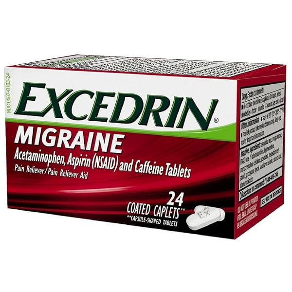 EXCEDRIN MIGRAINE RELIEF CAPLETS FOR MIGRAINE SYMPTOMS, ACETAMINOPHEN 500MG, ASPIRIN 250MG, CAFFEINE 65MG, PAIN RELIEVER, 24 COUNT