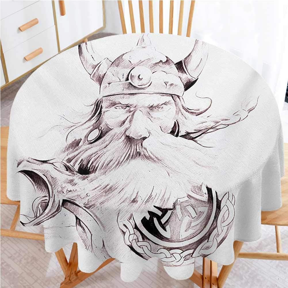Tattoo Round Tablecloths Wise Old and Brave Viking Warrior with his Long White Beard and Armour Print Water Resistant Spill Proof Tablecloths Dried Rose White (Diameter 60")