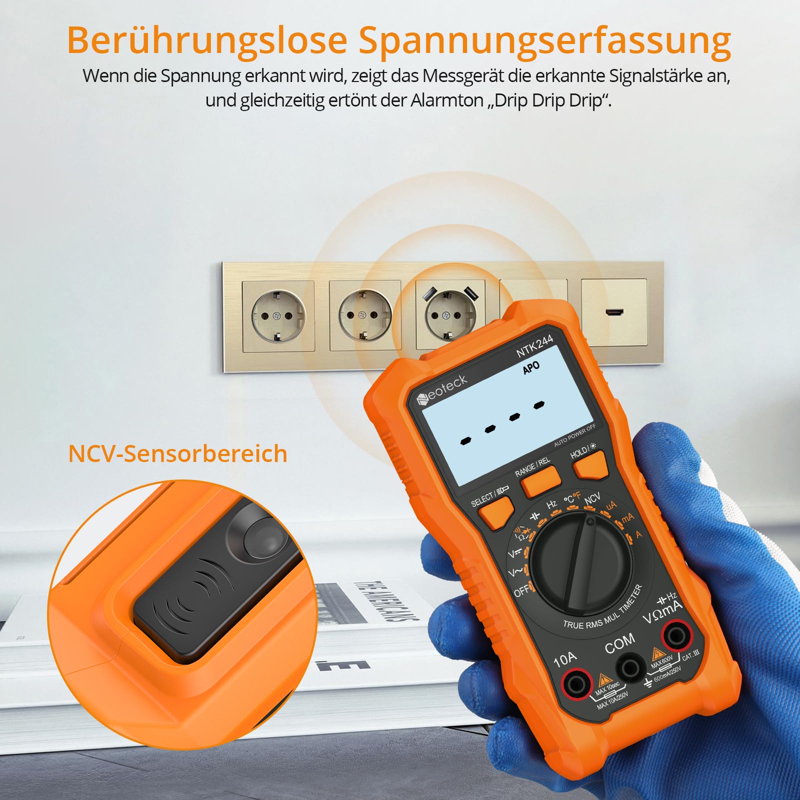 Neoteck Digital Multimeter Voltmeter 6000 Zähler Spannungsprüfer AC/DC Strom Spannung Widerstand Kapazität NCV Frequenz Temperatur Messgerät mit Krokodilklemme 4