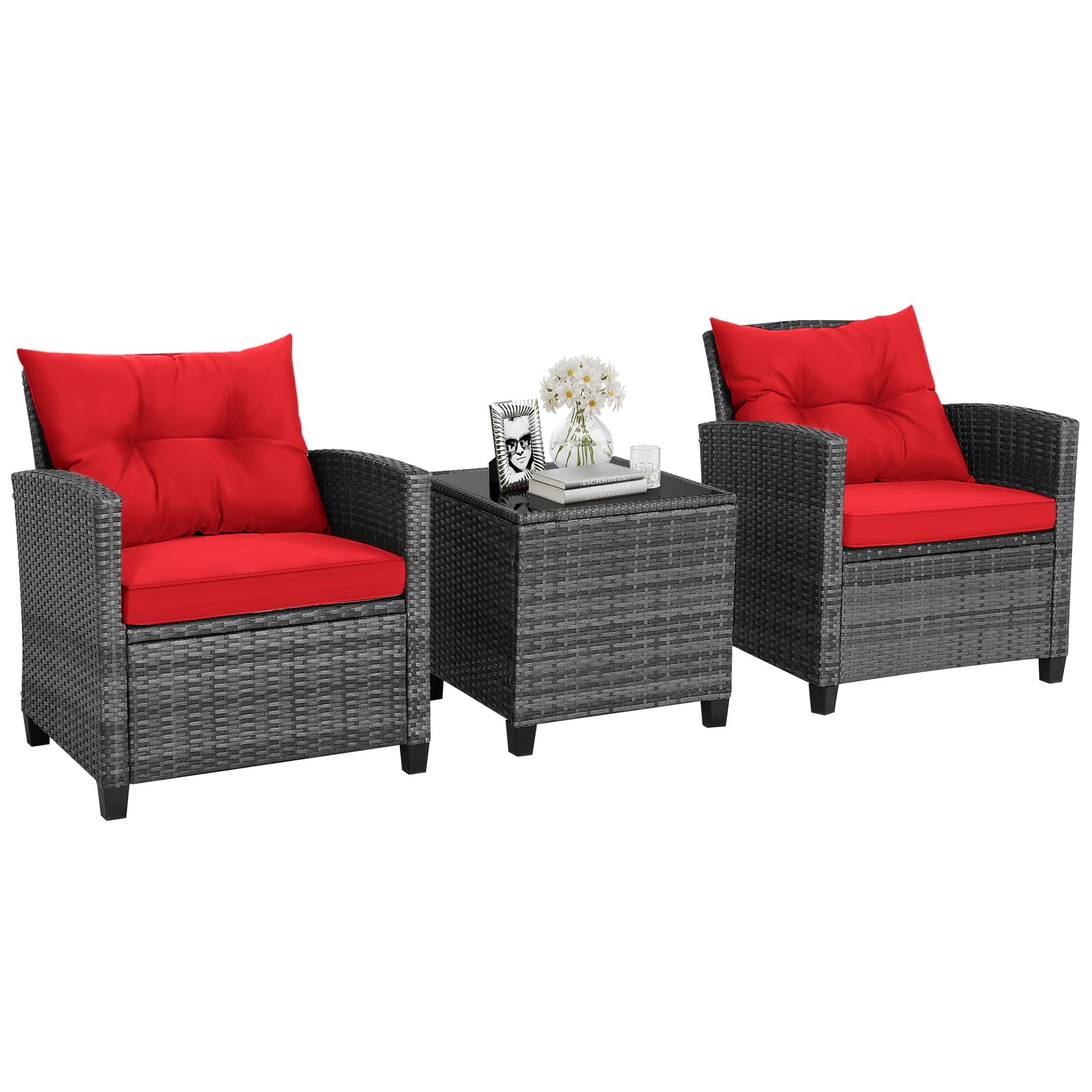 HAPPYGRILL 3 Pieces Patio Conversation Set, Outdoor Furniture Set PE Rattan Sofa Set with Removable Cushions, PE Wicker Chairs with Tempered Glass Side Table for Porch Lawn Garden Balcony Backyard Image