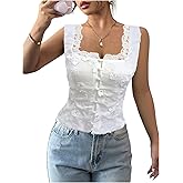 SOLY HUX Women's Summer Tops Lace Floral Embroidery Button Down Shirts Square Neck Sleeveless Blouse