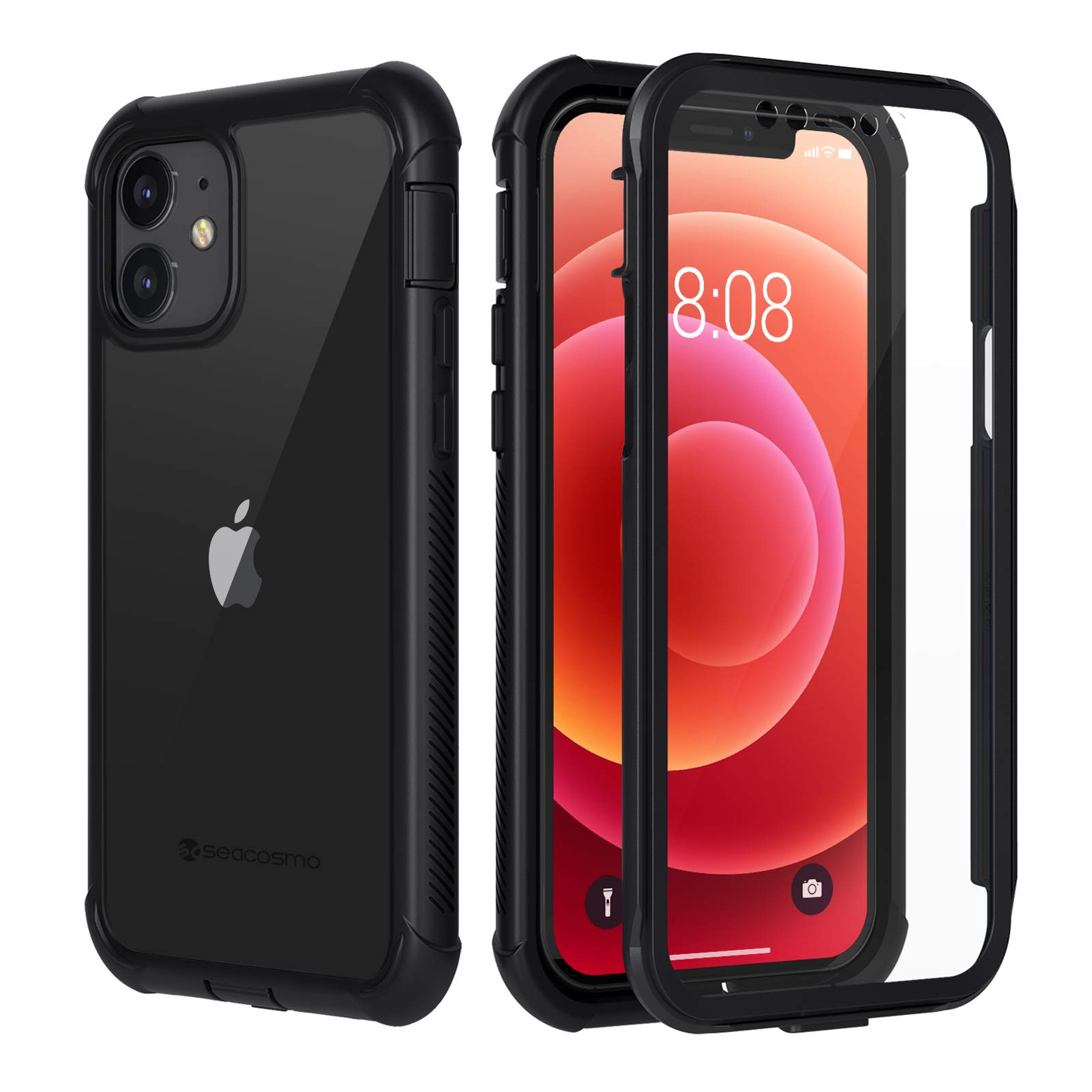 Photo 1 of seacosmo for iPhone 12/12 Pro Case, Full Body Shockproof Cover [with Built-in Screen Protector] Slim Fit Bumper Protective Phone Case 6.1''- Black/Clear