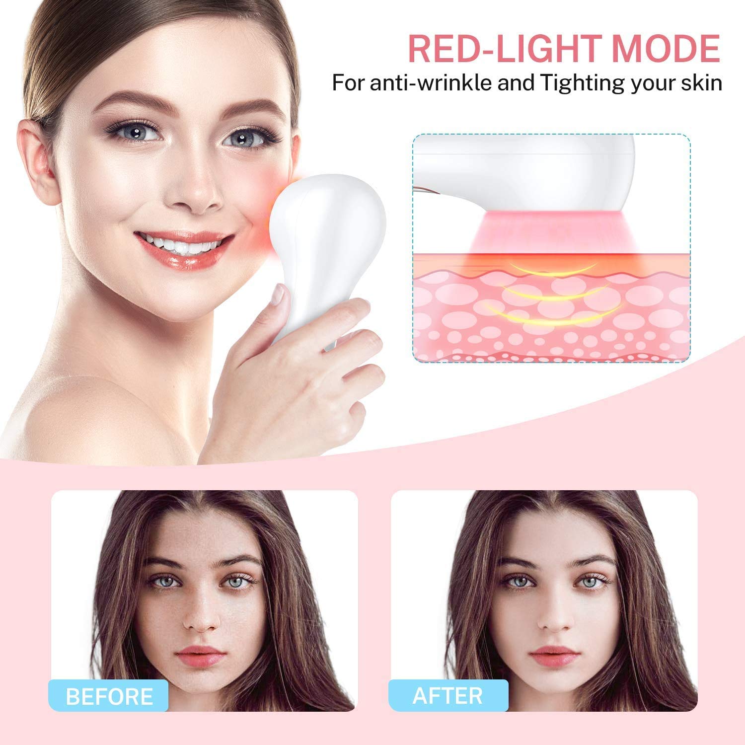 Electric Facial Cleansing Brush Waterproof Red/Blu Light Face Brush Spin Rechargeable Misiki IPX7 Exfoliating Face Brush with 3 Mode, 5 Brush Head for Exfoliating, Massaging, Removing Blackhead: Beauty