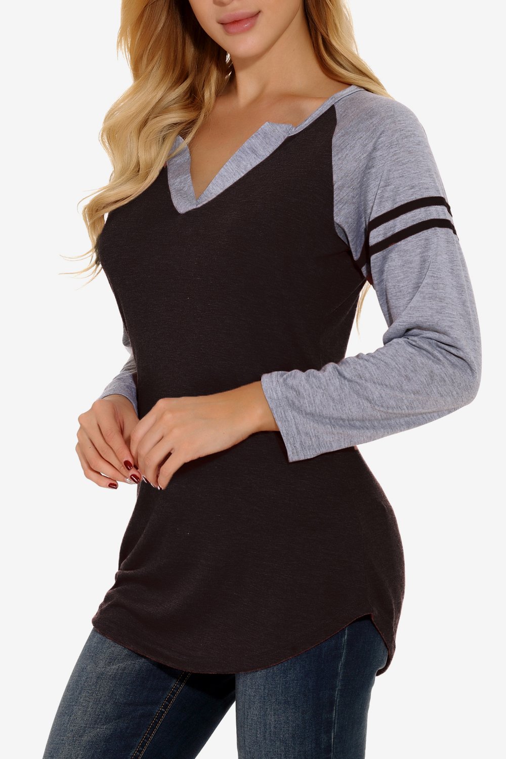 Chvity Womens Raglan Sleeve Striped Tee V Neck Baseball Fall Shirts Top (Black, Medium)