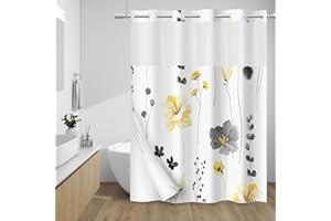 WITHLOC No Hook Shower Curtain with Snap in Liner - Floral Shower Curtain - Fabric Waterproof Inner Liner, Plants Watercolor Yellow Gray Modern Cloth Shower Curtains - Machine Washable, 71 x 74