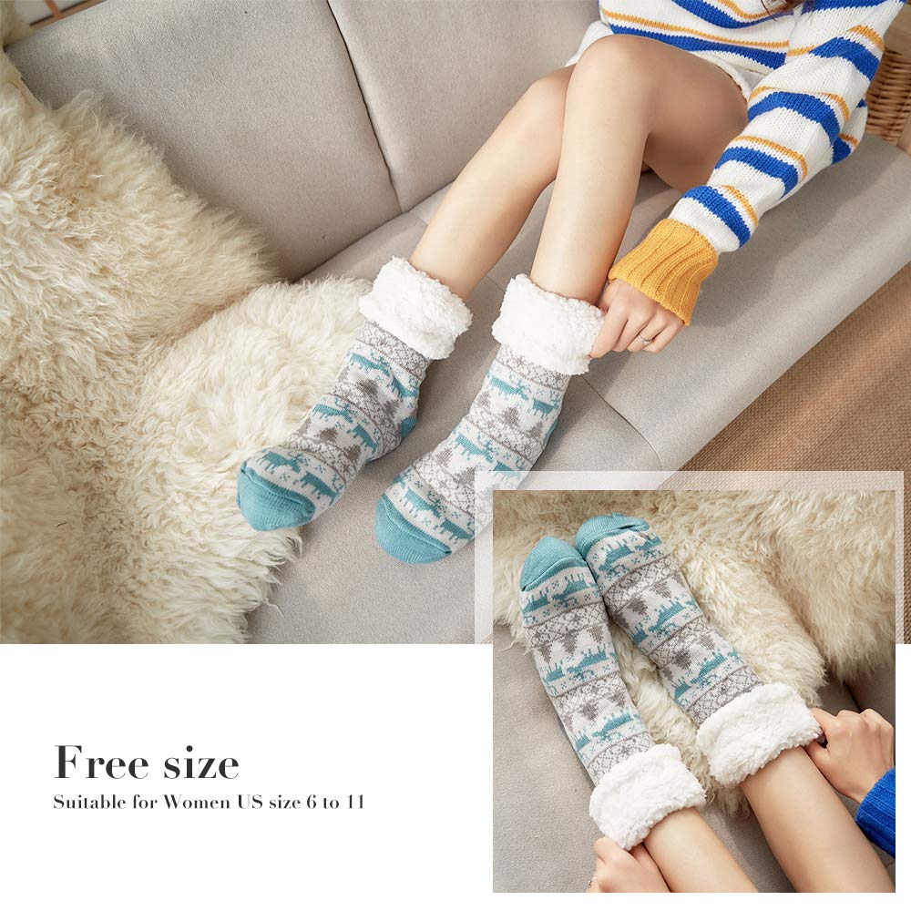 4YOUALL Womens Fleece Lining Soft Warm Fuzzy Sock, Christmas Thermal Knee High Stockings Slipper Socks (Lake Blue Deer)