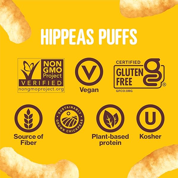 HIPPEAS CHICKPEA PUFFS, GROOVY WHITE CHEDDAR, GLUTEN FREE SNACKS, DAIRY FREE, VEGAN, 8OZ BAG, 3G PROTEIN, 2G FIBER, CRUNCHY, NUTRITIOUS, BAKED PLANT PROTEIN SNACK, NON-GMO, KOSHER