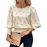 VeraieSien Banded Bottom Tops for Women Smocked Tops Elastic Cinched Waist Top Dressy Blouse 3/4 Length Sleeve Casual Outfits