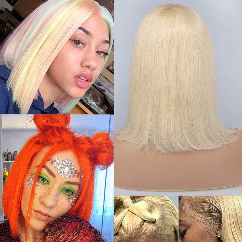 Xtrend 8inch Straight Blonde Short Bob Lace Front Wig Glueless Bob Wigs With Pre Plucked Baby Hair for Black Women 10A Brazilian Virgin Human Hair Natural Hairline 150% Density 613#